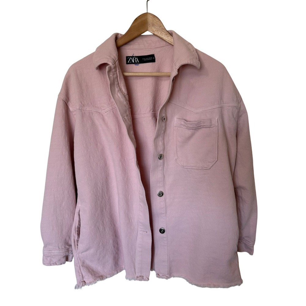 Zara Denim Shacket Womens Medium Pink Good‎ Raw Hem Oversized Button Front Shirt